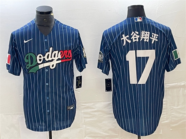 Men's Los Angeles Dodgers #17 大谷翔平 Navy Cool Base With Patch Stitched Baseball Jersey